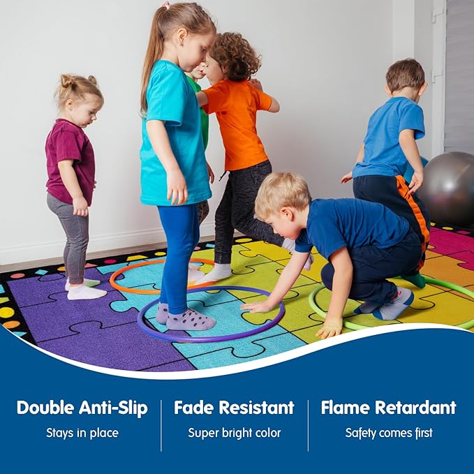 Booooom Jackson Thick Classroom Rug 13'x7'5'' Large Boom Puzzle Carpet for Preshool Elementary Seating Area 24 Seats Non-Slip Backing