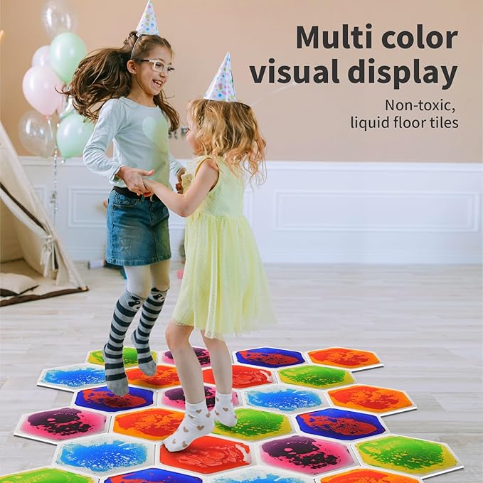 Art3d 6-Tile Hexagon Sensory Floor Tiles for Kids, Toddlers and Children, Colorful Liquid Sensory Activity Mat for Active Play and Decorative