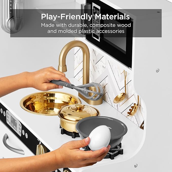Best Choice Products Pretend Play Kitchen Wooden Toy Set for Kids w/Realistic Design, Telephone, Utensils, Oven, Microwave, Sink - White Bevel