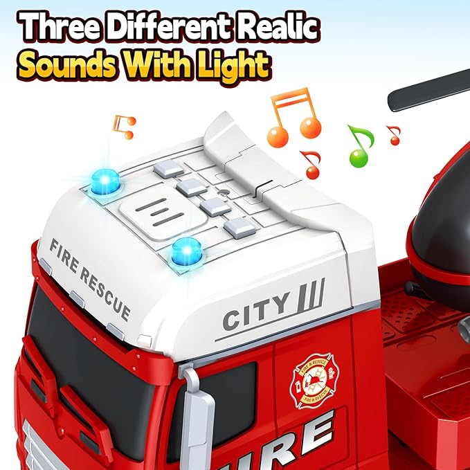 SpringFlower Large Fire Truck Toy with Racing Car and Helicopter, 3 in 1 Lights & Sounds, Christmas & Birthday Gift for Kids 3-6 Years