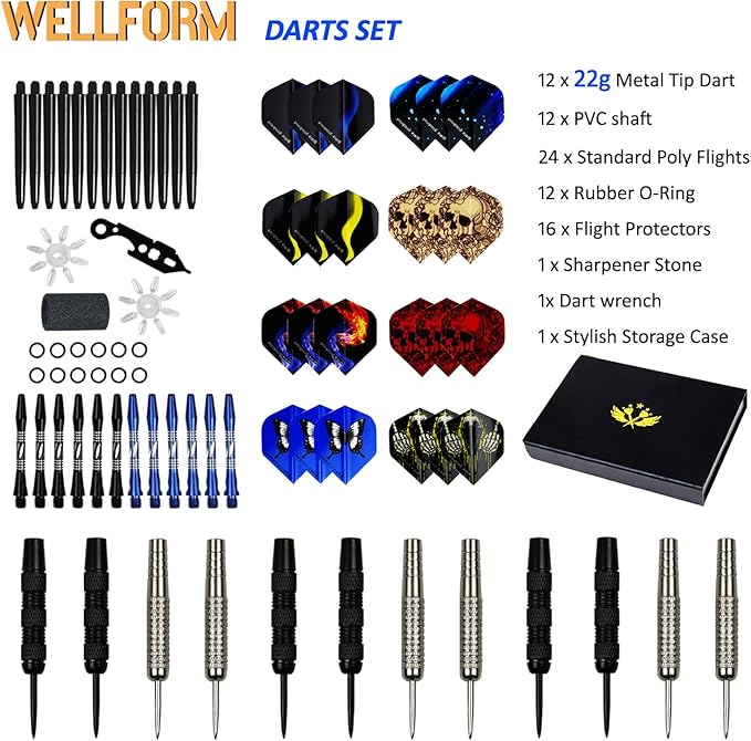 Darts Metal Tip Set,12 Pack 22 Gram with Nonslip Iron Barrel, Darts Steel Tip Set Professional,with 12 Aluminum Dart Shafts, 24 Extra Flights, Dart Sharpener, Dart Wrench, Stylish Gift Box