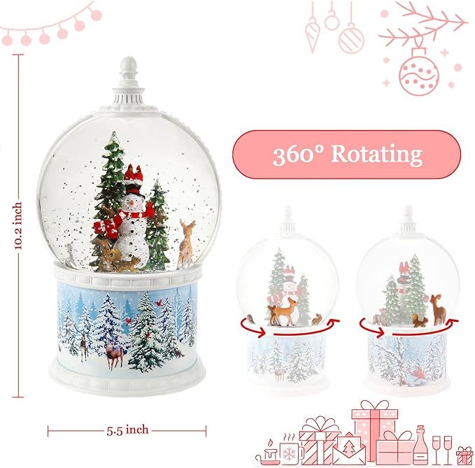 Christmas Snow Globes 10.2 Inch Christmas Music Spinning Snow Globe,6 Hours Timer, Christmas Tree Snowman USB & Battery Operated Christmas Lantern for Christmas Indoor Decorations Xmas Gifts