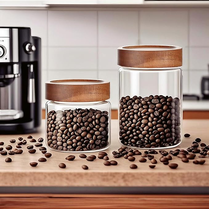 28 Fl oz/850 ml Glass Food Storage Jar, Premium Clear Glass Container Jar with Airtight Wooden Screw Lid, Kitchen Canisters for Coffee,Tea,Pasta,Cookies, Nuts,Spice,Candy,Overnight Oatmeal(Medium)