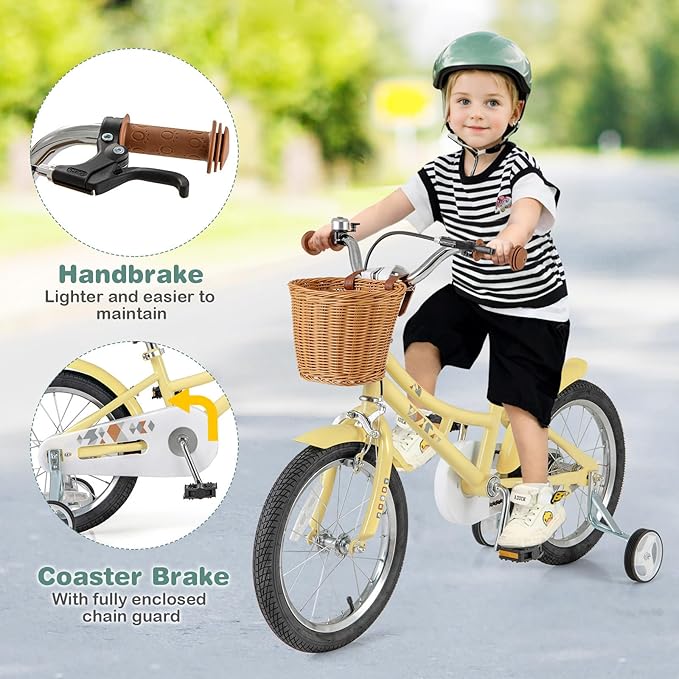 BABY JOY Retro Kids Bike, 12 14 16 18 Inch Child Bike for 3-8 Years Old w/Rattan Basket, Adjustable Height, Training Wheels, Fenders, Handbrake Coaster Brake, 95% Pre-Assembled Kids Bicycle for Girls