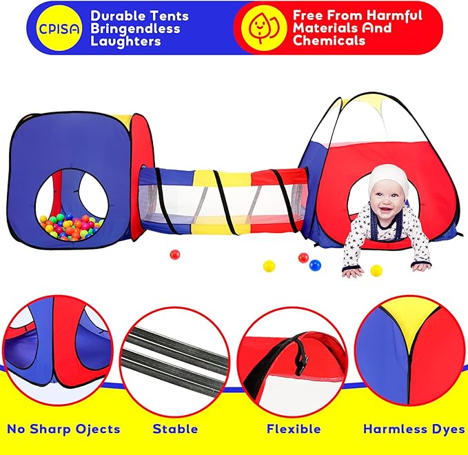 3-in-1 Kids Play Tent with Play Tunnels and Ball Pit, Pop Up Toddler Tent for Boys and Girls, Indoor and Outdoor Playhouse, Gift Idea