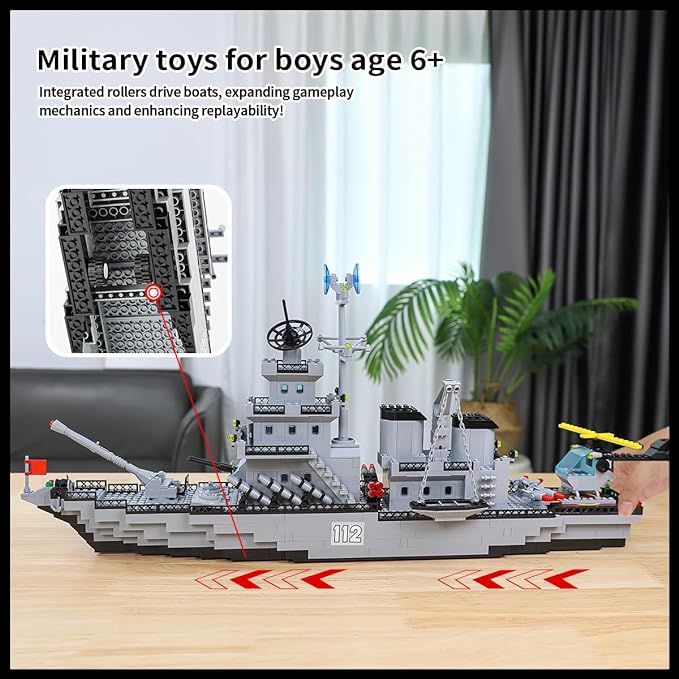 WW2 Military Battleship Building Block Set, Large-SizedCruiser Toy, Military Battle Ship Toy with Helicopter and City Lifeboat, A Gift Compatible with Lego Sets for Boys 8-14 & Adults (910pcs)