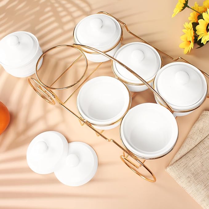 Ceramic Candy Bowls, Condiment/Sugar bowls gold basket Tray, 6 Removable small bowls With cover, For Snack, Dried fruits, nuts, candies and condiments - for parties, Holiday gift
