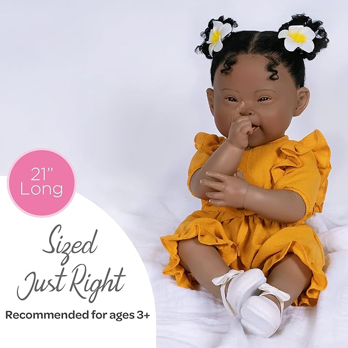 Paradise Galleries 21 Inch Realistic Reborn Baby Girl Doll with Down Syndrome Cute Mustard Yellow Dress Outfit and Accessories – Emma