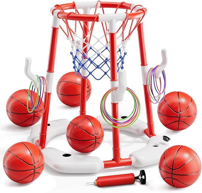 Pool Basketball Hoop, Floating Game with 6 Balls & Pump, Kids Pool Toys for Outdoor Summer Fun, Adjustable Height for Ages 4-8-12, Family Swimming Pool Accessory(red)
