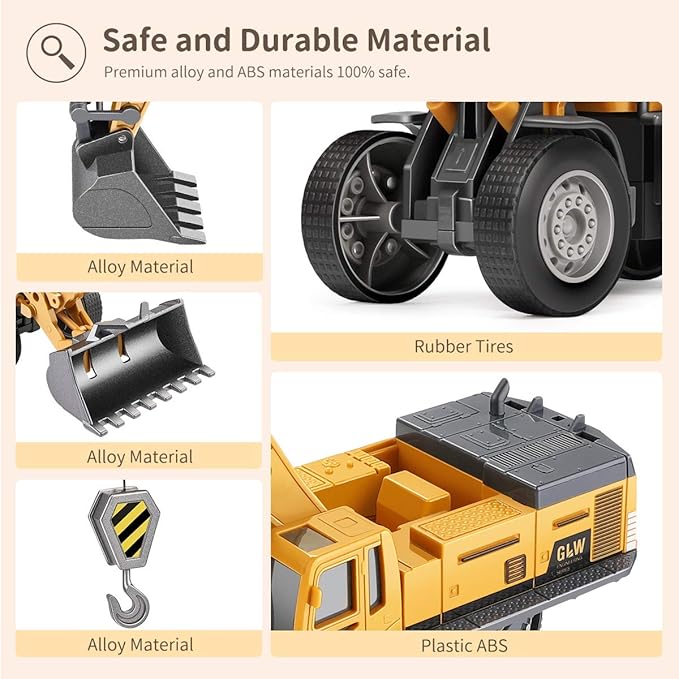 Geyiie Construction Truck Vehicles Toy with Metal Shovel Sand Toys, Large Construction Toys Crane, Interchangeable Excavator Snow Plow Forklift Tractor Toys Gifts