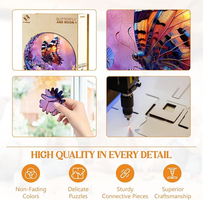 Wooden Puzzles for Adults, Wooden Jigsaw Puzzles for Adults, Butterfly and Moon-1 Unique Shaped Wood Puzzles Adult, Birthday Gifts for Friends Family Game, Home Decor (8.5 * 8.5in 100pcs)