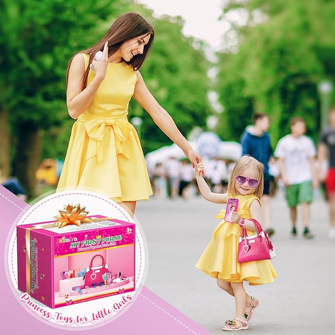 Shemira Play Purse for Little Girls, Princess Pretend Toys for Girls 3 4 5 6 7 8 Years Old, Christmas & Birthday Gift for Girls Age 3-5 4-6 6-8, Toddler Purse with Accessories, Kids Toy Purse,Pink