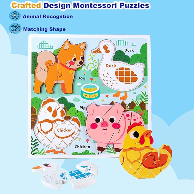 Farm Animal Puzzles for Toddlers 1-3, Gifts for 2 3 Years Old Girls Boys,Wooden Jigsaw Puzzles for Toddlers 2-4, Montessori Toys Learning Educational Toys Kids Ages 2-3