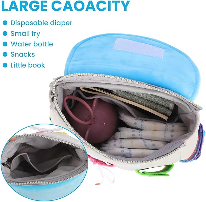 Busy Board - Toddler Backpack with Buckles and Learning Activity Toys - Develop Fine Motor Skills and Basic Life Skills - Learn to Tie Shoes - Children's Travel Toy (Grey)