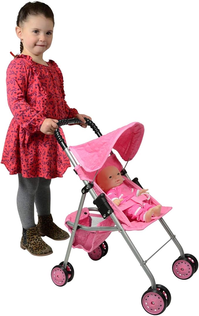 The New York Doll Collection My First Doll Stroller with Basket, Foldable Doll Stroller (Pink Quilted)