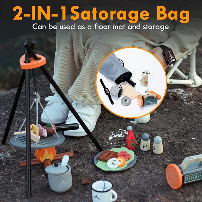 UMU Kids Camping Toys Set, Pretend Play with Campfire, Wooden Camping Playset Cutting Food for Play Kitchen Camping Gear for Kitchen Indoor Outdoor Camping Toys for Kids Toddlers Boys Age 3 4 5 6 7 8+