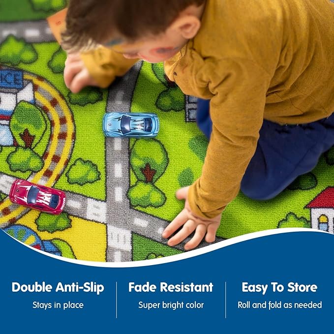 Booooom Jackson Kids' Train & City Rug - Non-Slip, Washable, Race Car Track Play Mat for Boys & Girls