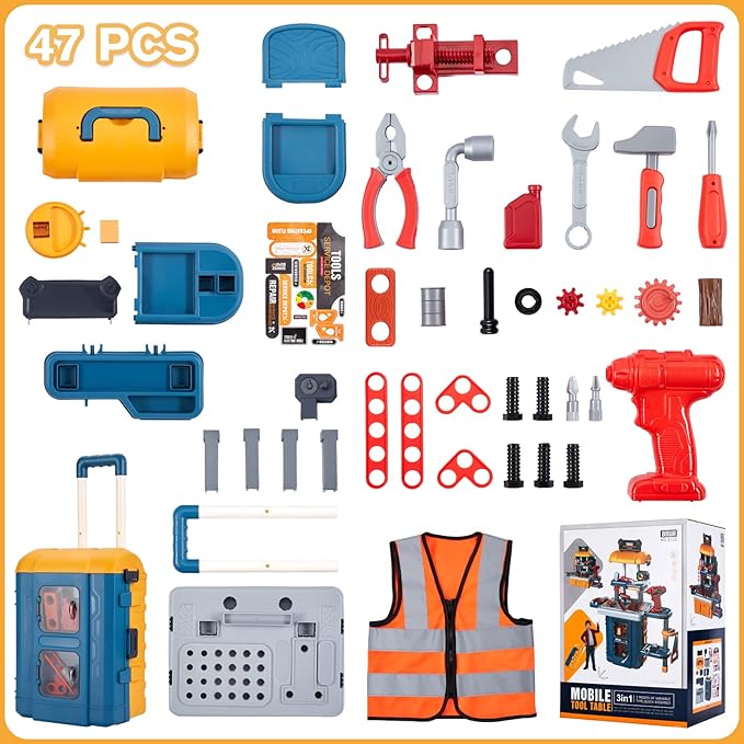 3-in-1 Kids & Toddler Tool Bench with Working Electric Drill - Realistic Construction Toys Learning Set for Ages 2-6, Interactive Workshop Playset for Birthday & Christmas