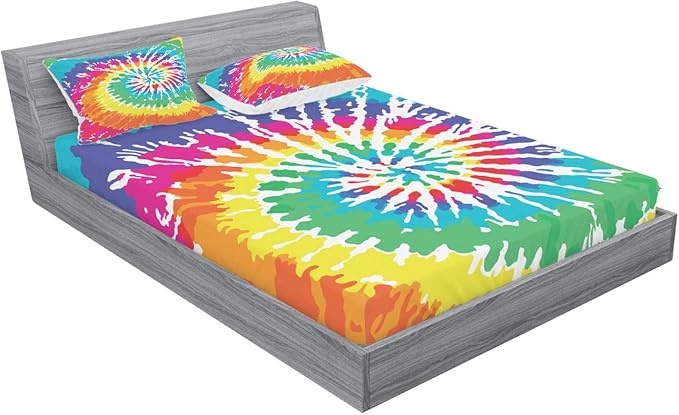 Ambesonne Rainbow Fitted Sheet & Pillow Sham Set, Digital Spiral Vortex Vibrant Rainbow Colored Sixties Ikat Psychedelic Pattern, Decorative Printed 3 Piece Bedding Decor Set, Queen, Green Multicolor