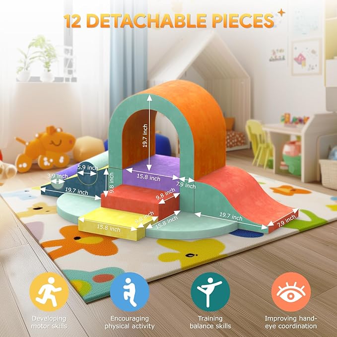 Foam Climbing Blocks for Toddlers, 12-Piece Colourful Toddler Climbing Blocks, Soft Play Climbing for Toddlers with Toy Car, Flexible Crawling and Sliding Climbing BlocksMK90