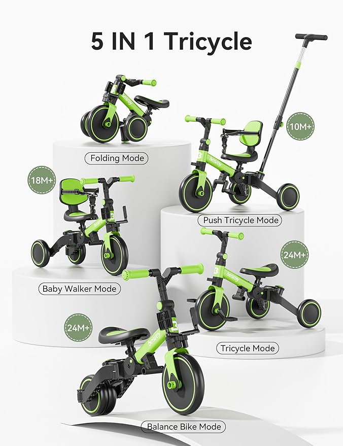 besrey 5 in 1 Toddler Bike, Toddler Tricycle for 1-3 Year Old, Trike with Push Handle, Backrest and Safety Belt, Birthday Gifts and Toys for Boys and Girls, Balance Bike