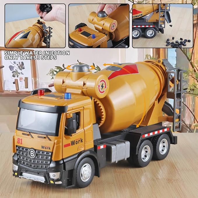 Metal Cement Mixer Truck Model with Simulated Sounds and Lights, Construction Truck Toy for Boys Ages 3 and Up