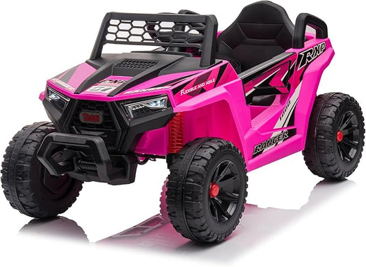 TOBBI 12V Kids Ride on Car, Electric Off-Road UTV Truck with Diverse Functions, Double Open Doors, Safety Belt, Horn, Music, and Lights for Kids Aged 3-5 Years (Rose Red)