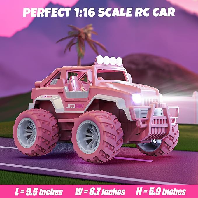 BEZGAR Remote Control Car for Girls - 1:16 Pink RC Cars with 4 Windmills, 2.4GHz with LED Lights, 80 Mins Play with Rechargeable Battery, Truck Jeep Toys for Kids