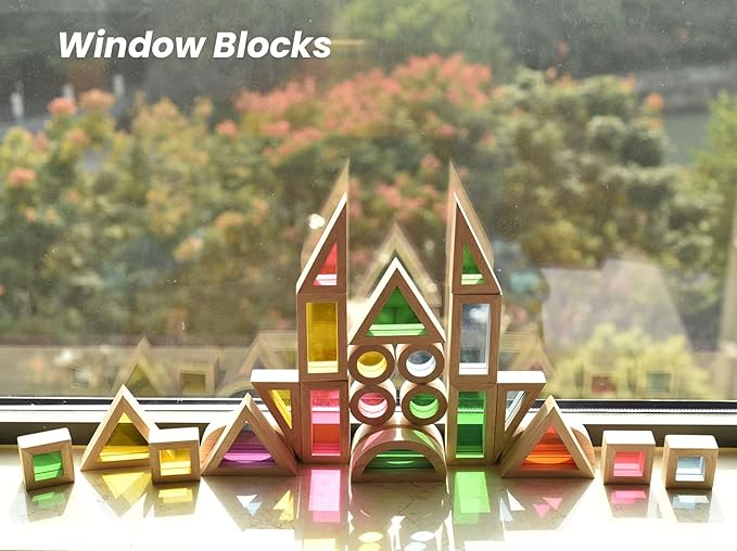 BOHS Rainbow Sensory Blocks (24 pcs) - Wooden Toys for Toddler Gift- Play on Light Table/Sunny Window