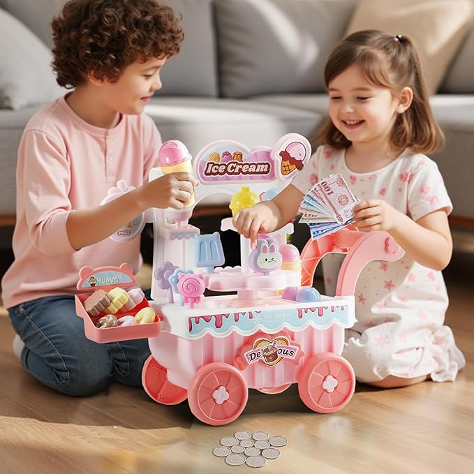 VEVOR Ice Cream Cart for Kids, 27 PCS Accessories, Pretend Play Store with Storage Trolley with Pretend Money, Sound & Light Effects, Montessori Educational Ice Cream Truck Toys for Toddlers 3+ (Pink)