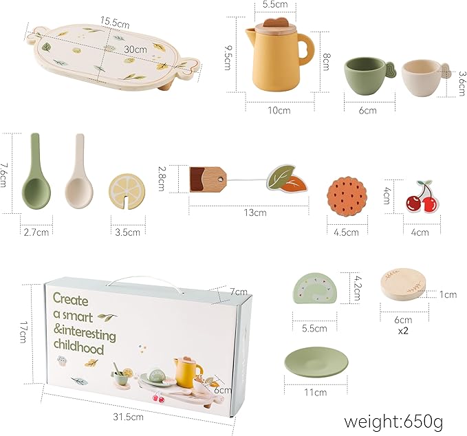 Tea Party Set for Kids - Wooden Tea Set for Little Girls 14PCS Silicone Toddler Tea Set Kitchen Accessories Pretend Play Toy Tea Set for Toddlers - Birthday Gift