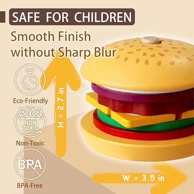Toddler Montessori Toys for 3 4 5 Year Old Boy Girl, Pretend Play Toy Fake Food for Ages 3-5 Kids Gifts, Stacking Wooden Building Blocks Educational Puzzles Games for Preschool Classroom (Hamburger)