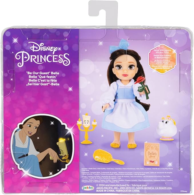 Disney Princess Belle Doll Be Our Guest Petite Belle Doll with Mrs. Potts & Lumiere, in Yellow Ball Gown and Blue Village Dress Fashions