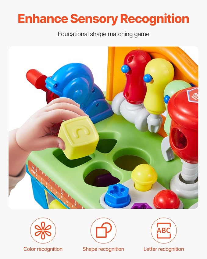 VEVOR Musical Workbench Toy, Sounds & Lights, Musical Learning Workbench for Toddler Age 2 Years and Up, Baby Pretend Play Tool Set, Infant Shape Sorter Activities, Kids Pounding Game, Boys & Girls