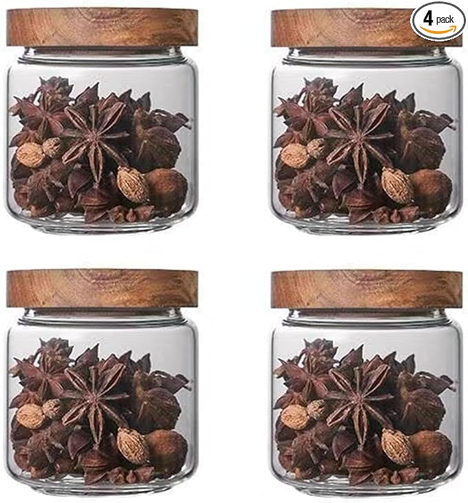 Glass jar candy Containers - 16oz kitchen Glass Airtight Storage jar With Acacia Airtight Lid,for kitchen Seasoning, coffee bean, tea, suger, herbs (4)
