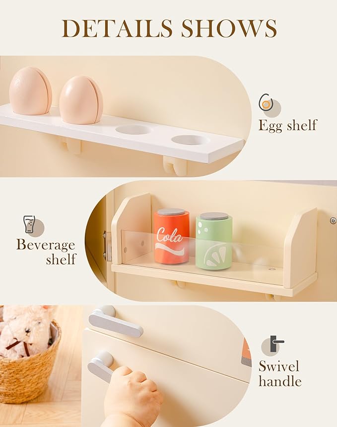ROBOTIME Play Kitchen Toy Fridge - Wooden Toy Refrigerator with Accessories, Pretend Play Kitchen Set for Kids & Toddlers, Freezer with Play Food for Ages 3+ (Creamy Rustic Style)