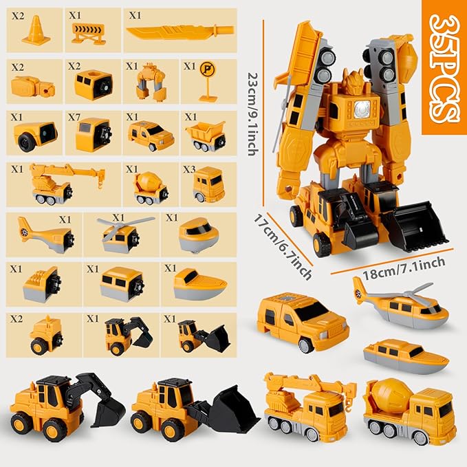 Magnetic Transform Engineering Car Assembled Toys,Toy Construction Vehicles with Storage Box,Magnetic Blocks for Kids Age 3-5 4-8 Outdoor Toddler Activities Toys(Engineering Series-35 Pcs)