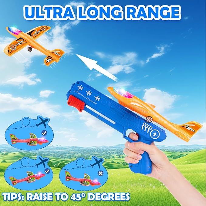Bigdream 6 Pack LED Airplane Launcher Toys with 2 Launchers, 2 Flight Mode Glider Catapult Plane with Stickers, Flying Outdoor Toys for 3 4 5 6 7 8 9 10 11 12 Year Old Kids Boys Girls Birthday Gifts