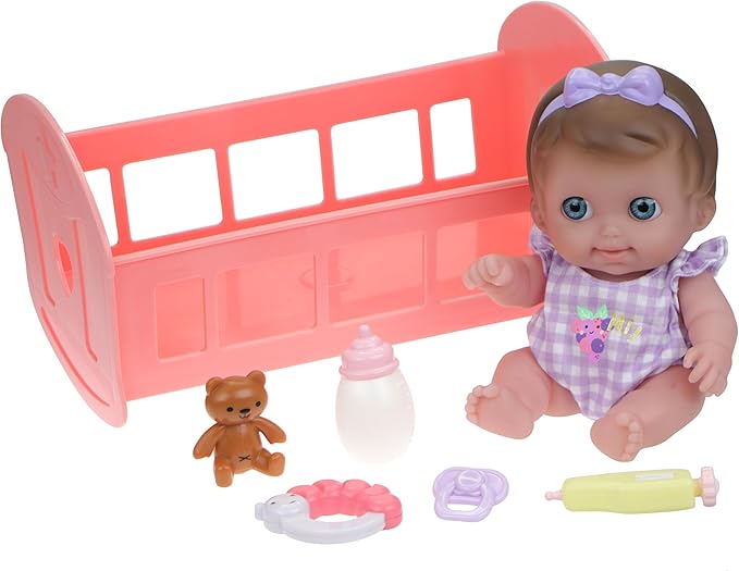 JC Toys Lil Cutesies 9" All Vinyl Baby Doll Bed Time Gift Set | Posable and Washable | Removable Outfit | Rocking Crib and Bed Time Accessories Ages 2+