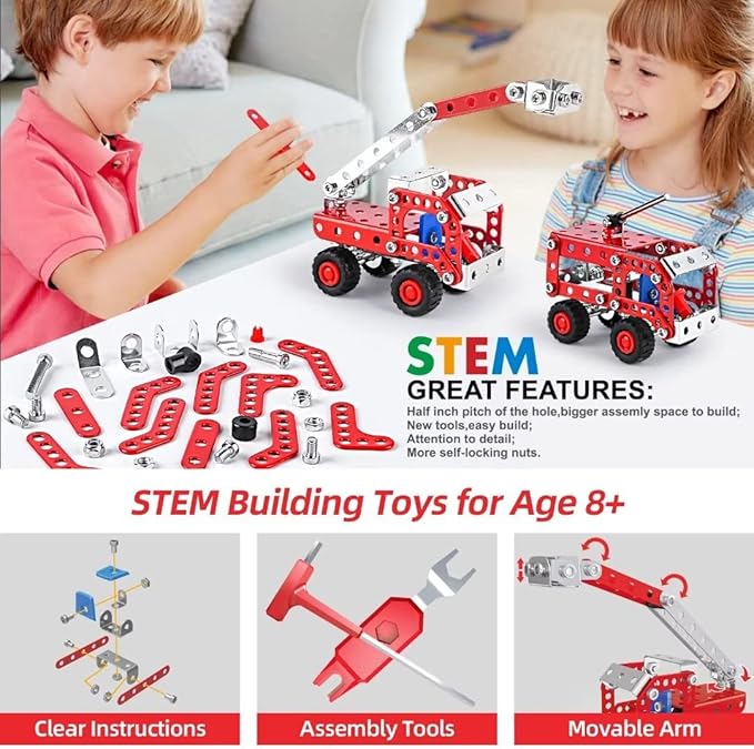 Stem Building Toys for Boys Age 8-12,Erector Sets Fire Trucks Series Model Kit,Assembly Toys for Kids,Metal Building Toys for Model 4 in 1 Fire Fighting Cars(121PCS)