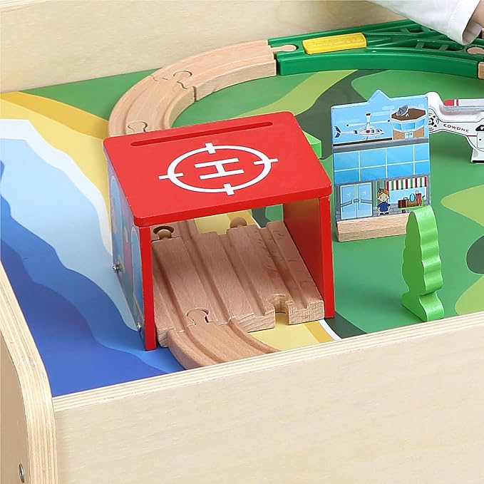 Kid's Multi-Purpose Activity Play Table with 60 Big Building Bricks and 30-Piece Wooden Train Set for Toddlers(Big-peg Baseplate Version)