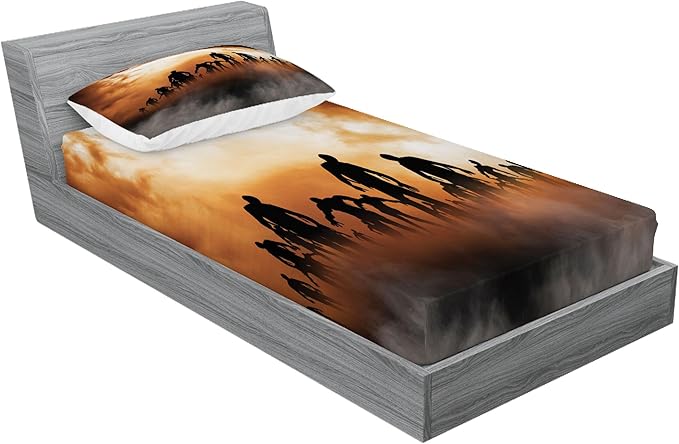 Ambesonne Halloween Fitted Sheet & Pillow Sham Set, Zombies Dead Men Walking Body in The Doom Mist at Night Sky Haunted, Decorative Printed 2 Piece Bedding Decor Set, Twin, Orange and Black