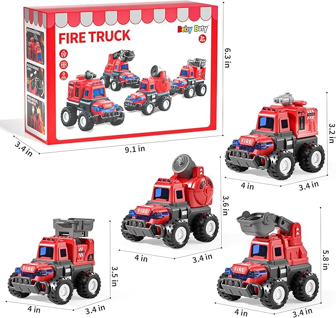 Fire Trucks Toys for Toddlers 3-5, 4 PCS Car Trucks for Toddlers Boys Girls with Flexible Joints, Kids Toddlers Toys for 3 4 5 6 Years Old Boys Girls Birthday Gifts