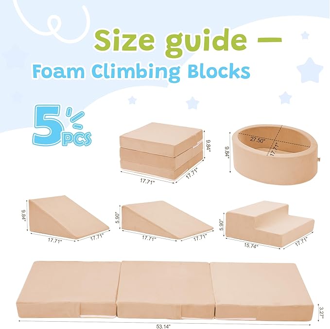 Foam Climbing Blocks with Ball Pit & Stairs for Toddlers Aged 1-3 -Soft Playset for Indoor Crawling, Foam Playground Set for Baby to Active Playing Inside -(Balls NOT Included),Beige