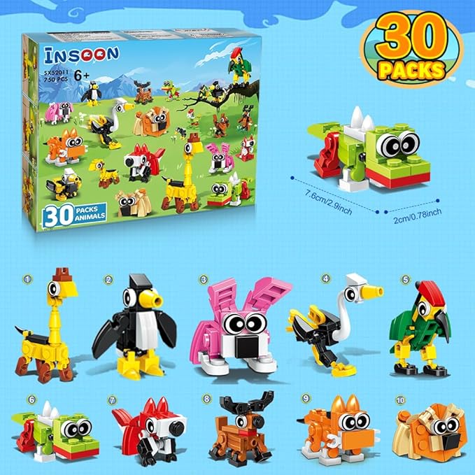 30 Pack Party Favors for Easter Gift, 750 PCS Animals Building Block Toy for Goodie Bag Stuffers, Classroom Student Prizes Children's Day Birthday for Kids Boys Girls Ages 6-12+