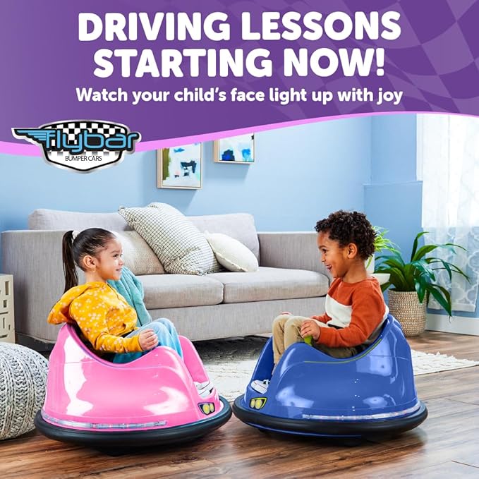 Flybar FunPark 6V Bumper Car for Toddlers, Electric Toddler Ride On Toys for Kids, Baby, Ages 1.5-4 Years, LED Lights, 360 Degree Spin, Supports up to 66 pounds (No Remote), Large, 6v Pink/Purple