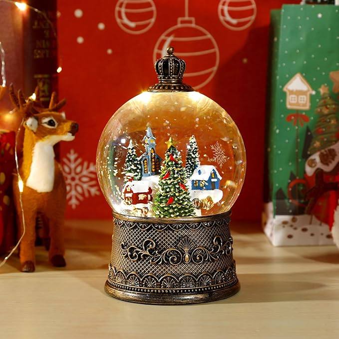 100mm Christmas Snow Globe with Music and Water Feature Christmas Lantern Decorations Snow Village with Large Christmas Tree Dual Power Supply Mode: USB and Battery Powered