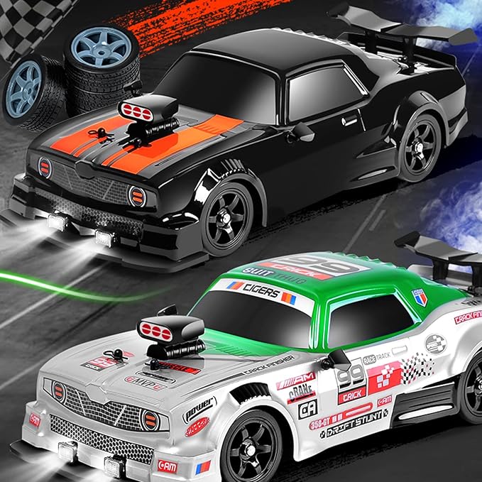 1/16 4WD RC Drift Car, 2.4GHz 4WD Remote Control Car, 18KM/H+ High Speed, LED Lights, Sprayer, Rechargeable Battery, Extra Tires, Unisex Children (8+), Black