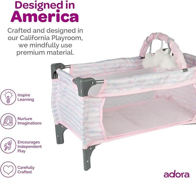 Adora Pink Deluxe Doll Pack-N-Play, Crib & Changing Table Set, Includes Storage Box, Holds Most Dolls up to 20' for Ages 3+