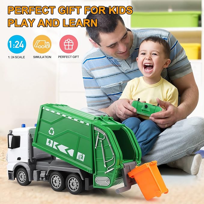 2.4Ghz Remote Control Garbage Truck Toy With Trash Bin and Real Lights - 1/24 Scale 6 Channel Rechargeable RC Recycling Truck Gift for Boys and Kids